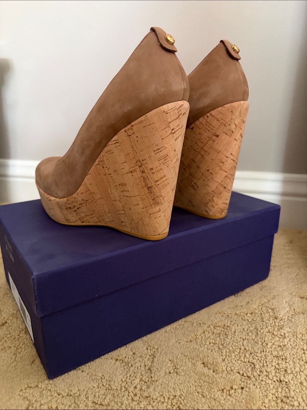 Stuart Weitzman Taupe Suede Cork Wedge Pumps - Picture 2 of 5
